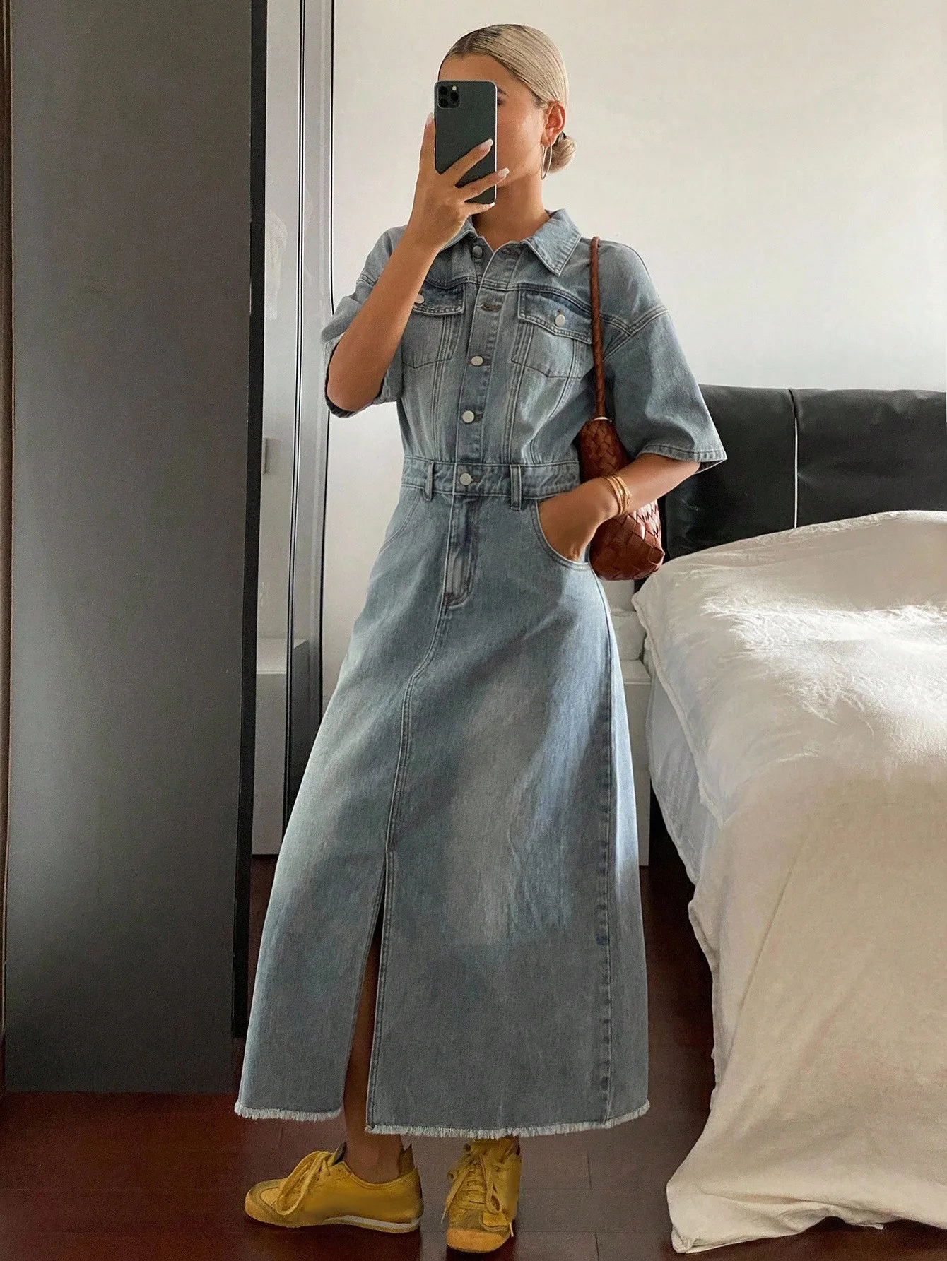 

Light Wash Denim Shirt Dress with Button Front, Waist Belt and Side Slit