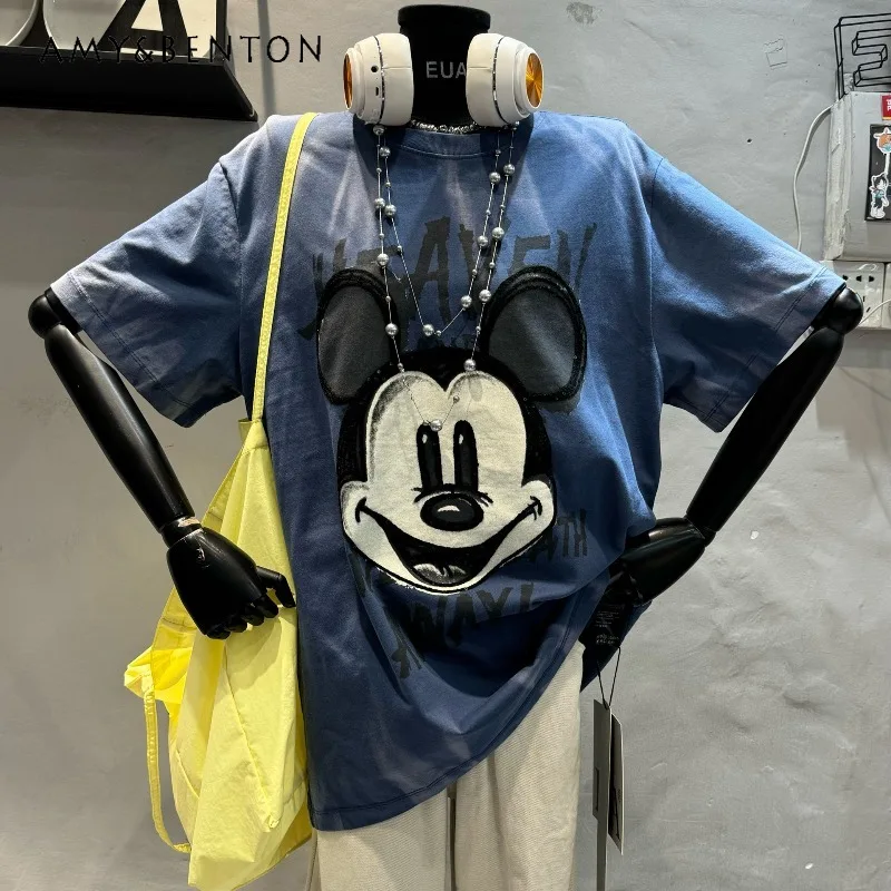 

Spring Summer 2025 New Tees Heavy Industry Beads Cartoon Fake Two-piece Short-sleeved T-shirt Women's Loose And Versatile Top