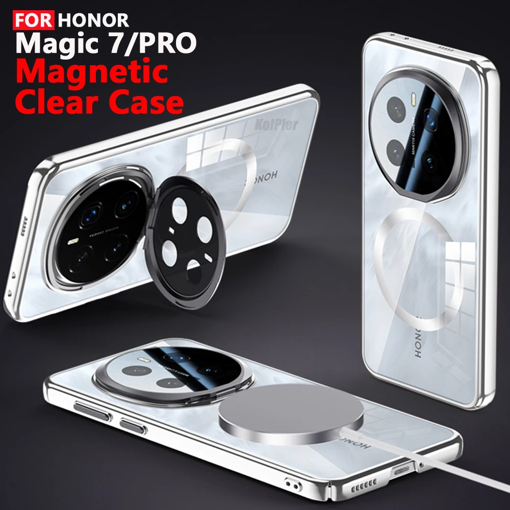 

Luxury Plating Clear Case For HONOR MAGIC 7 PRO / MAGIC7PRO Magnetic Alloy Lens Bracket Holder Hard Back Cover Capa