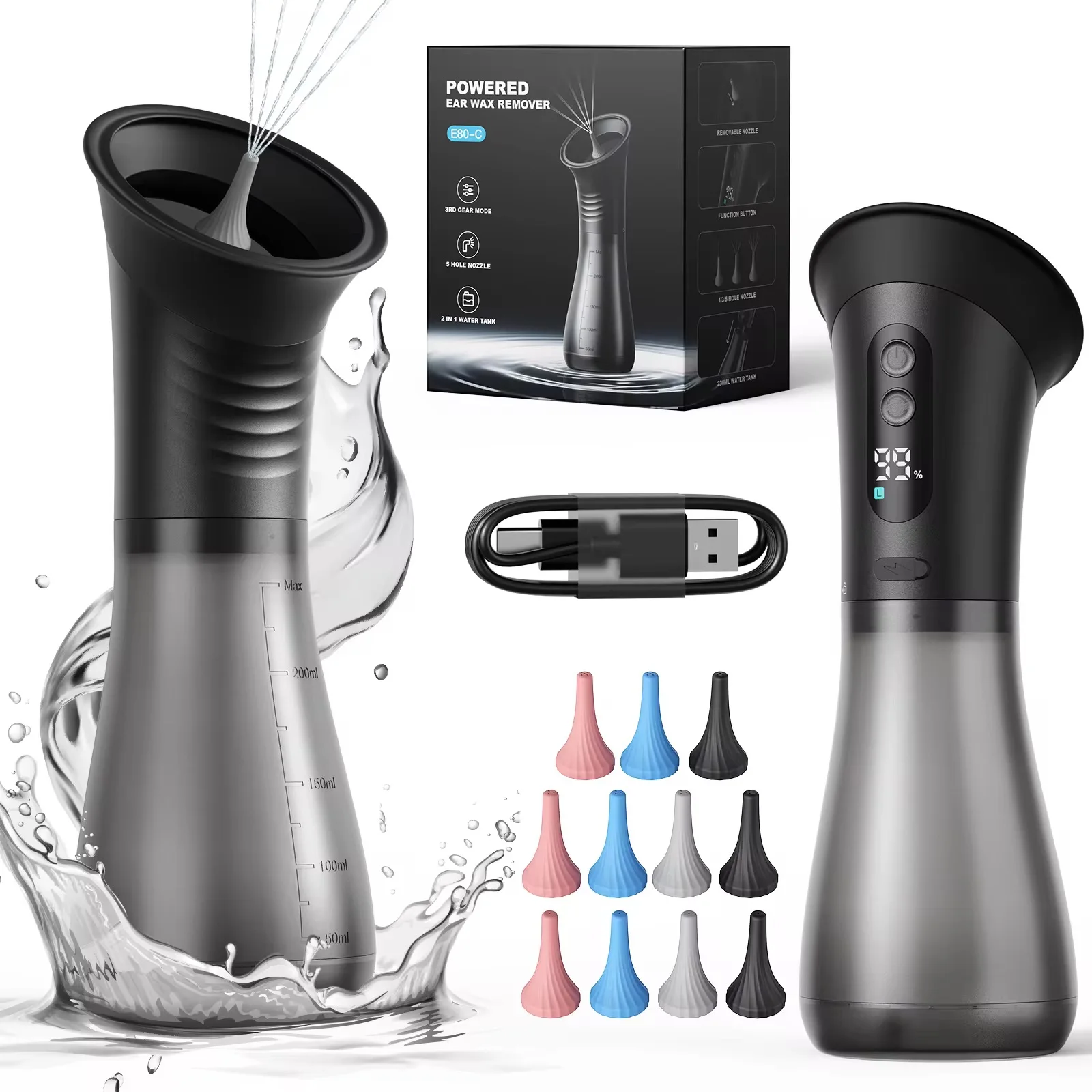 Système électrique d'élimination du cérumen, outil de nettoyage des oreilles alimenté par l'eau avec rinçage d'irrigation, 3 réglages de pression, sûr et efficace