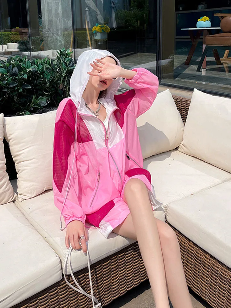 Sunscreen Fashion Suit Women Summer New Stitching Zipper Hooded Top+Elastic Waist Shorts Casual Two-piece Set Female sportswear