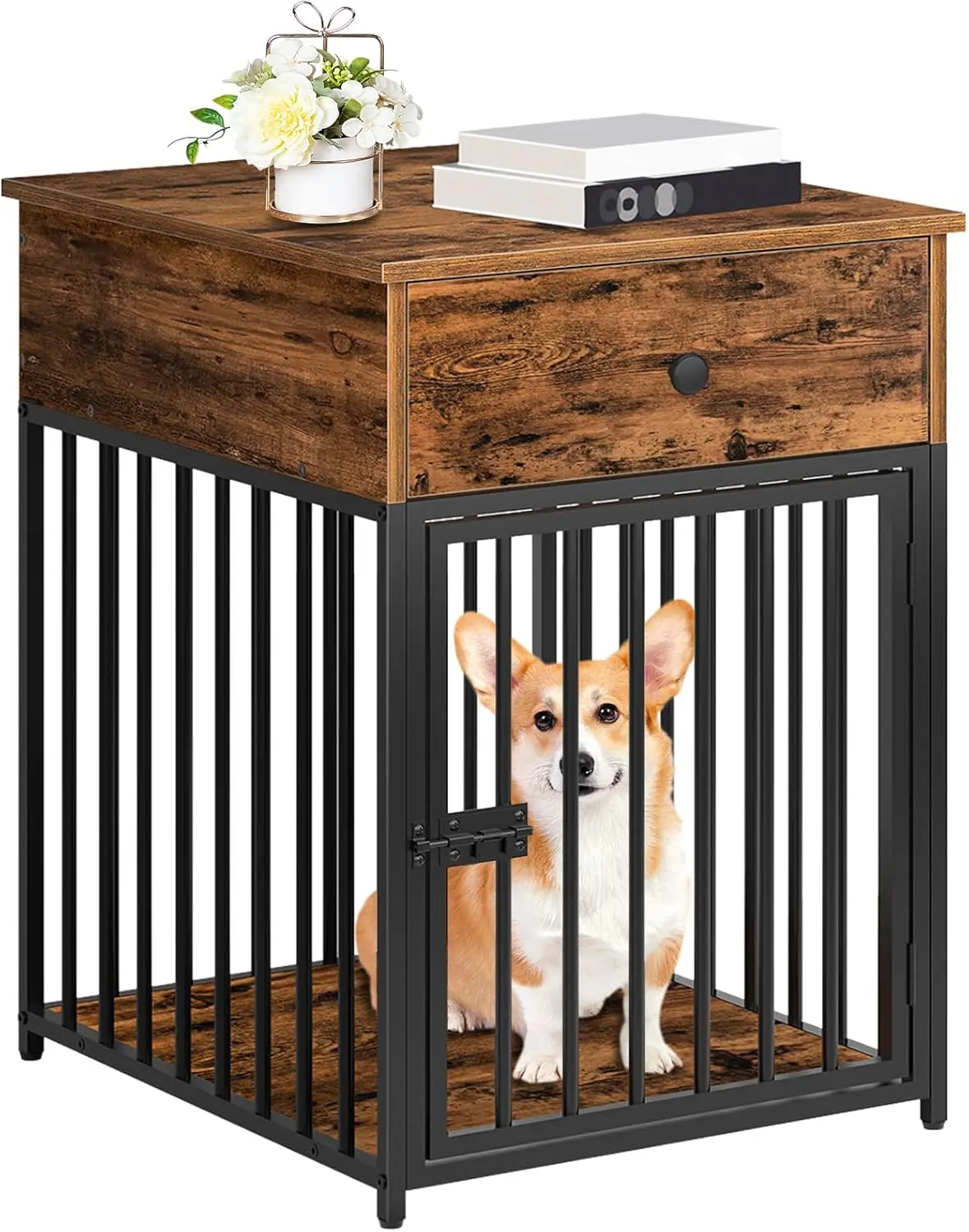 

Wooden Dog Crate Furniture with Drawer, Indoor Pet Kennel End Table for Small Dogs, Chew-Proof Rustic Brown and Black