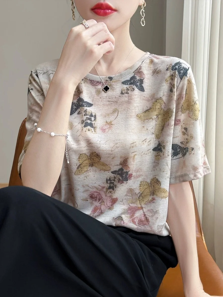 Tie Dye Print Vintage Women's Loose Silk Base irt Spring Summer New Sle Faionable T-irt Top Small irt round Ne ...