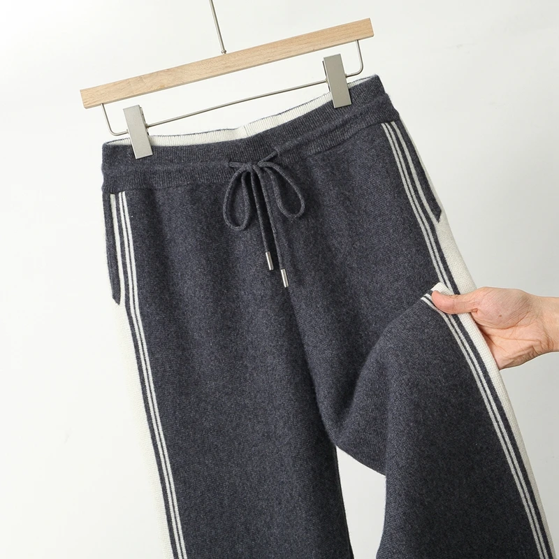 اختيار جودة عالية الرجال الصوف الخالص السراويل الخريف الشتاء سميكة 100% الصوف محبوك سروال شكل قلم رصاص لينة الأساسية مرونة الخصر بنطلون