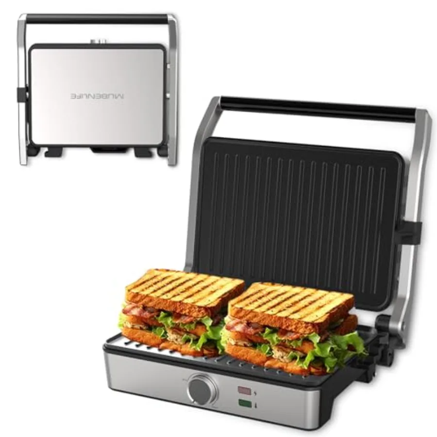 

Electric Sandwich Press Grill Open 180 Degrees Indoor Grilling for Sandwich Steak Burger Adjustable Temperature Non Stick Coati