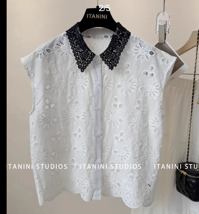 Korean Simple Colour Blocking Hollow Out Crop Shirt Women New Office Lady  Lace Turn-down Collar Shirt Sleeveless Sweet Tops