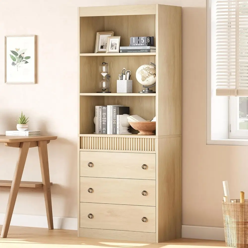 

70.8 Light Wood 6-Tier Bookshelf with Wave Design for Storage and Living Room/Office Use