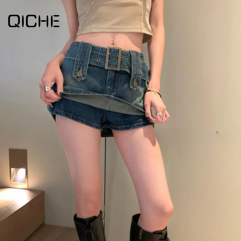 QICHE 2026 Summer Women Vintage Denim Skort, Sweet Cool Style High Waist Slim A-Line Jean Skort Hot Shorts