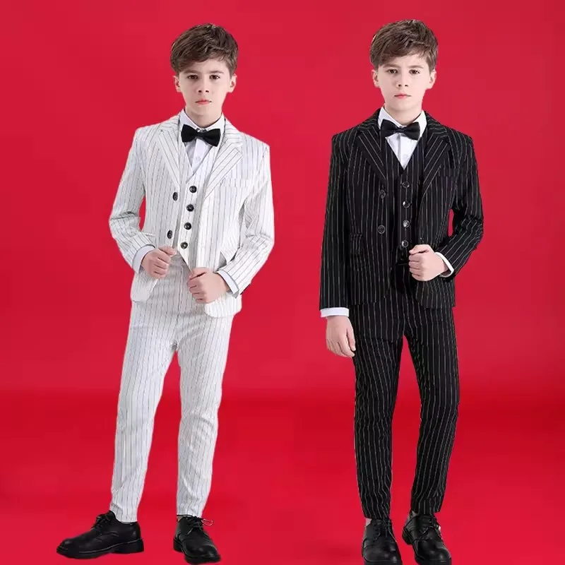 Flower Boys Luxurious 4Pieces/Set Jacket Vest Pants Bowtie Wedding Dress Kids Tuxedo Costume Children Stripe Photograph Suit