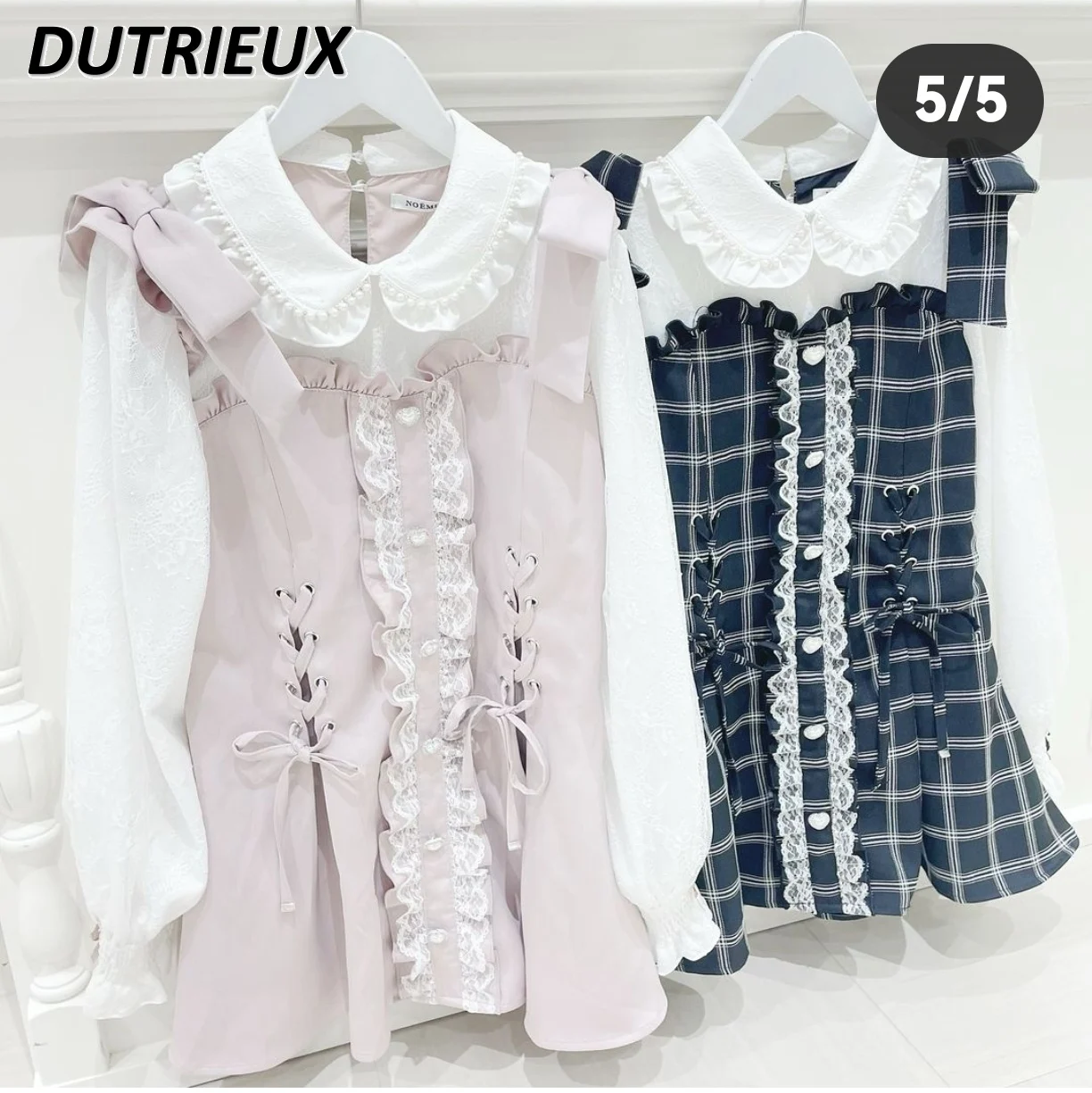 Sweet Girls Lace-Up Lapel Long Sleeve Waist Dress Plaid Tops and Leggings Shorts Japanese Mine Cute Outfits Twopiece Set