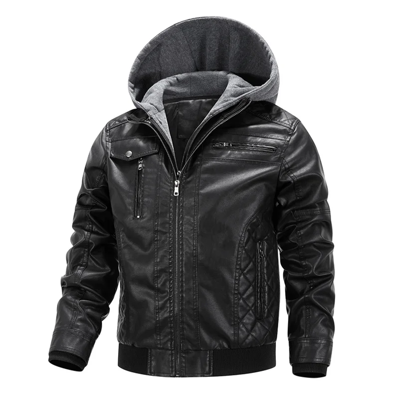 Men Hooded PU Leather Biker Jacket Multi Zipper Pockets Slim Fit Motorcycle Coat