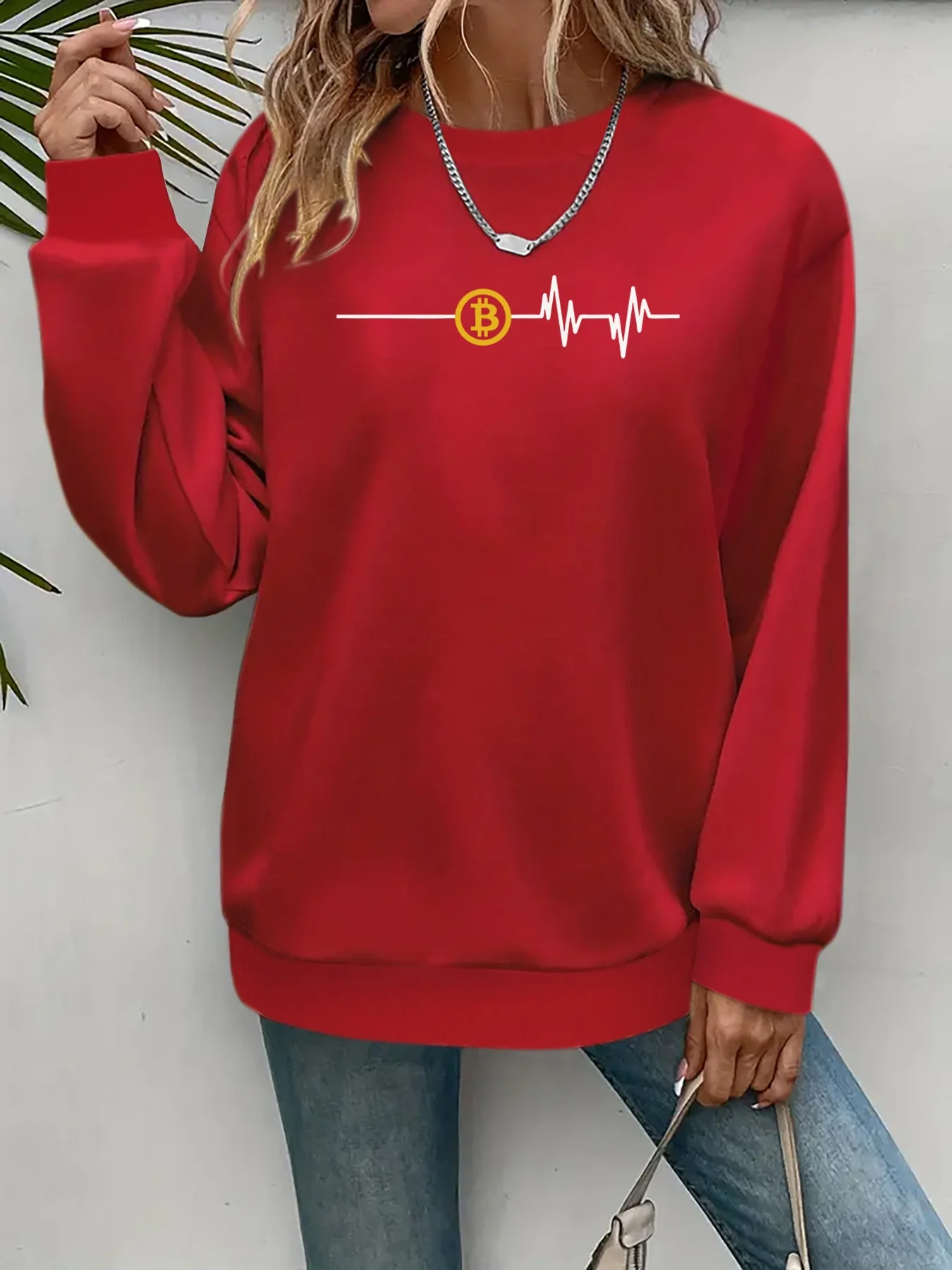 

Женский свитер с узором «Биткойн сердцебиение» для любителей криптовалюты, пуловер без шляпы, осенне-зимнее платье, черный топ с длинными рукавами