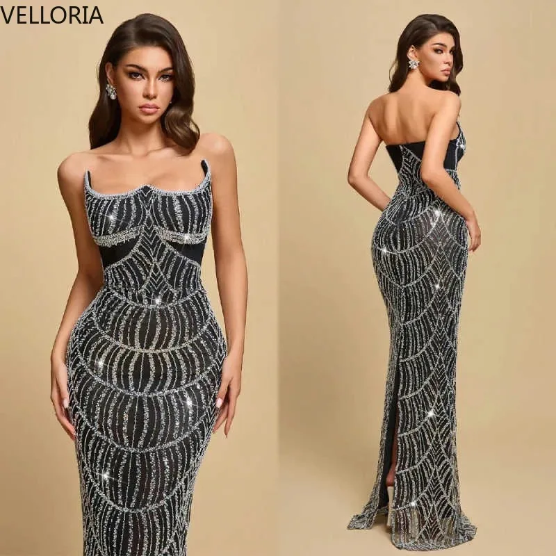 Prachtige strapless galajurken, elegante mouwloze avondjurk met kralen, vloerlengte, lovertjes, feestjurk op maat