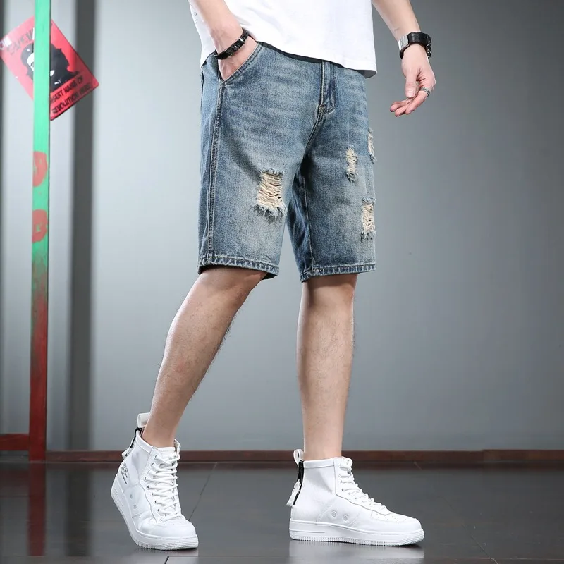 2022 Summer Ripped Short Jeans Men Denim Shorts Streetwear Casual Baggy Straight Knee Length Pants