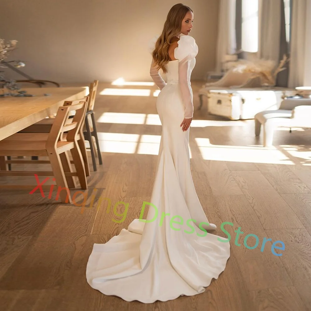 Customized Modern Mermaid Long Sleeves with Buttons Wedding Dresses for Woman Solid Color Square Collar Court Train Bridal Gowns