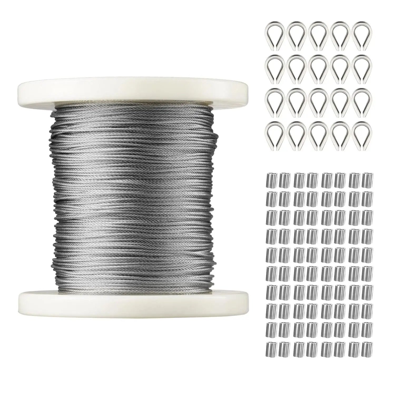 

1/16 Wire Rope Kit, 304 Stainless Steel Cable with 80 Sleeves and 20 Thimbles, 7x7 Strands Construction Marine Aircraft Grade
