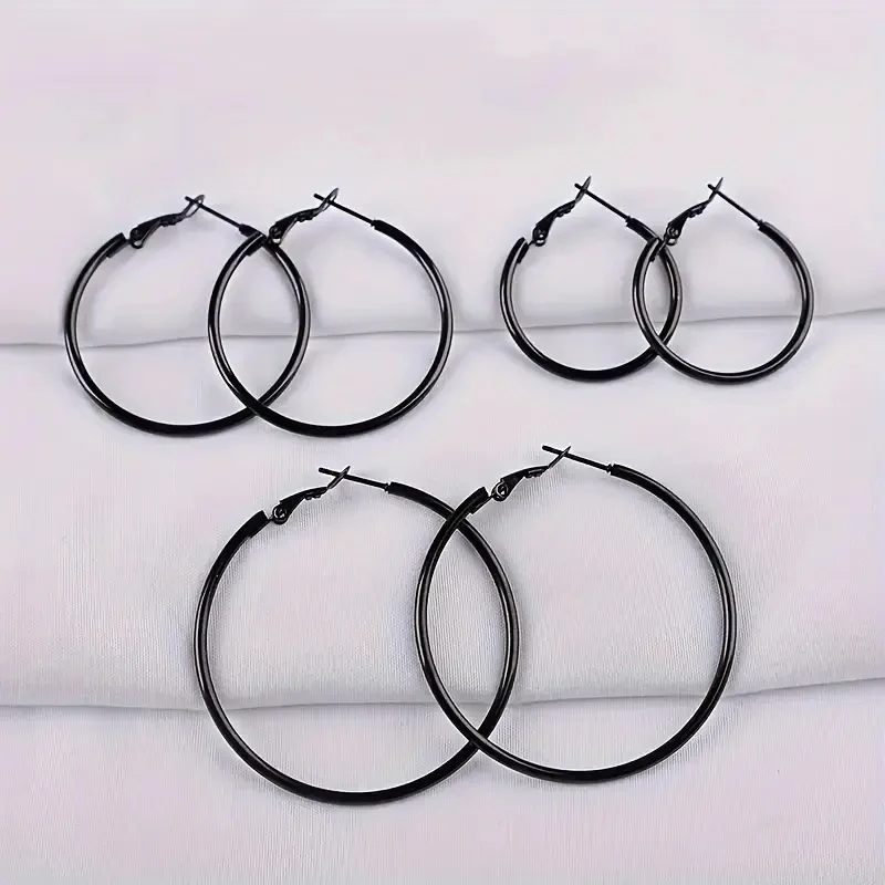 1/3 Pairs Stainless Steel Hoop Earrings For Women Men Black Color Round Small Big Circle Huggies Punk Jewelry Size 30/40/50mm