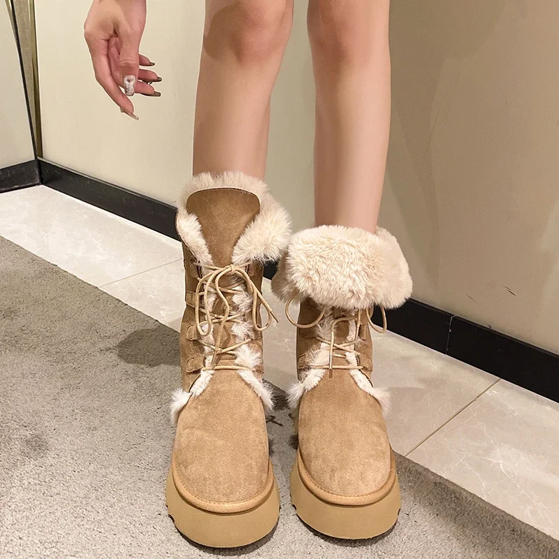 2024 botas de pele de inverno botas de neve mulheres fofo fuzzy peludo bota de pele do falso botas de panturrilha média moda laço plataforma botas altas