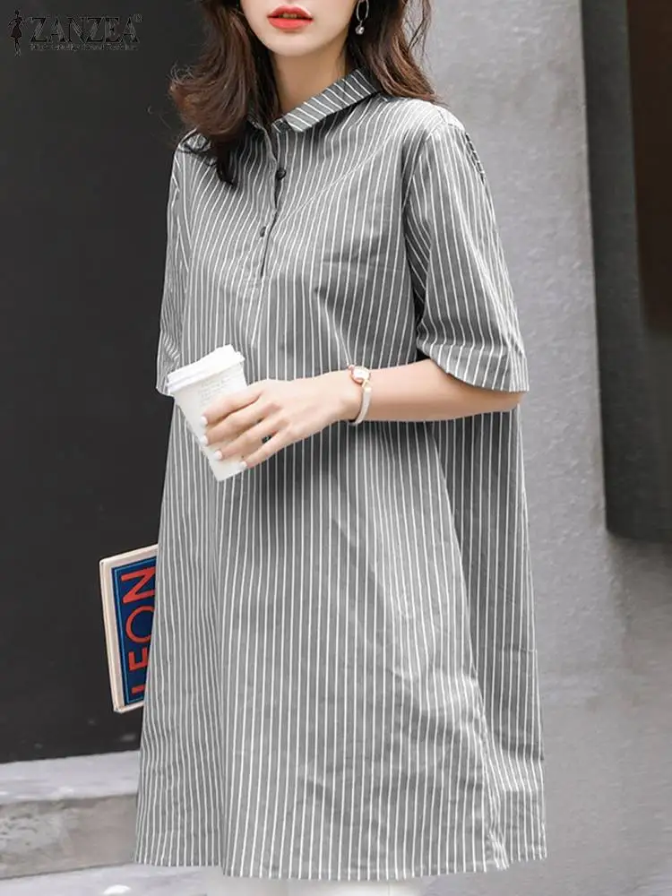 ZANZEA Summer Casual OL Shirtdress Women Fashion Stripe Printed Dress Short Sleeve Lapel Neck Vestidos Elegant Work Sundress