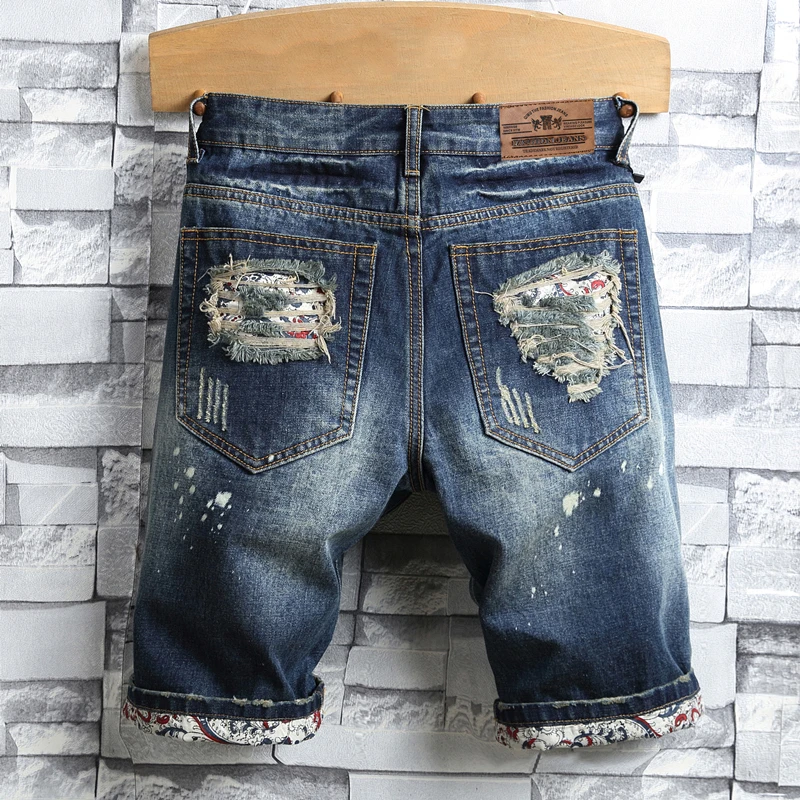 2023 Summer New Men Vintage Ripped Short Jeans Streetwear Hole Slim Denim Shorts Male Brand Clothes