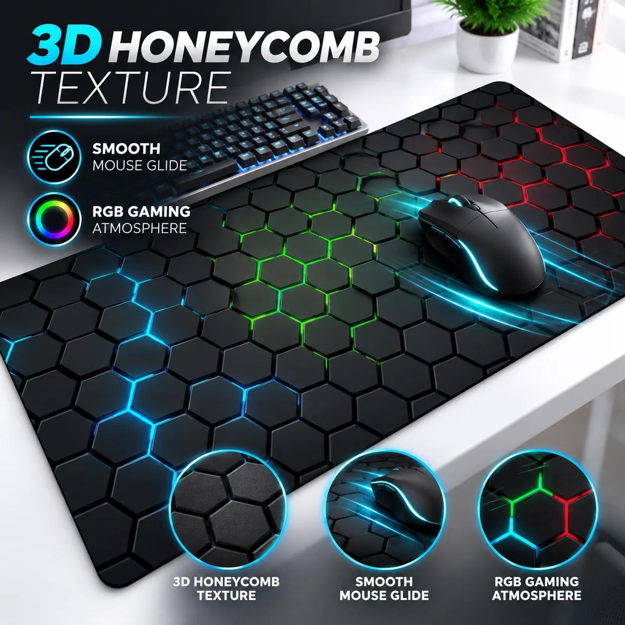 Rubber XXL Computer Desk Mat, Hexagon Keyboard Mouse Pad for Gaming, Esports and Office Tables, Large Desktop Surface Protector