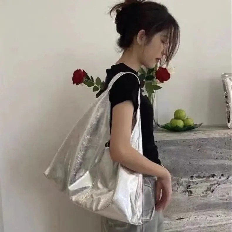 High-Capacity Tote Bag Korean Fashion Soft PU Patchwork Black Silver Shoulder Bag  Purses and Handbags Designer