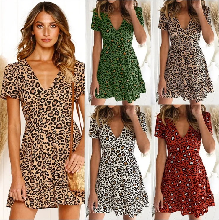 Women's High Waist Short Sleeve Leopard Print Dress, Female Summer Dress, European and American, V-Neck, New