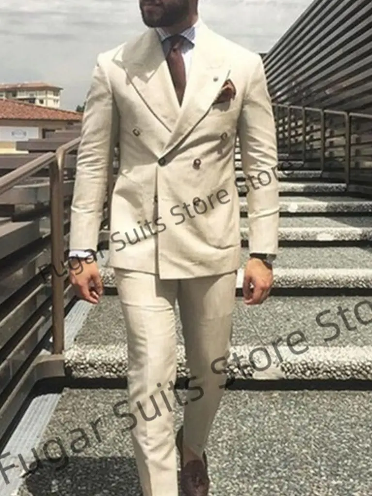 

Classic Ivory Beige Wedding Suits For Men Double Breasted Groom Formal Tuxedos 2 Pieces Sets Slim Fit Male Blazer Costume Homme