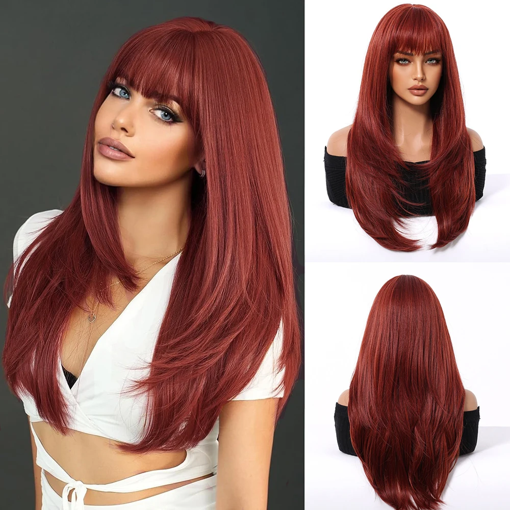 

99J Burgundy Layered Cut Wig Wigs with Bangs Synthetic Straight Wigs For Women Layers Heat Resistant Wig Haircut Glueless Wigs
