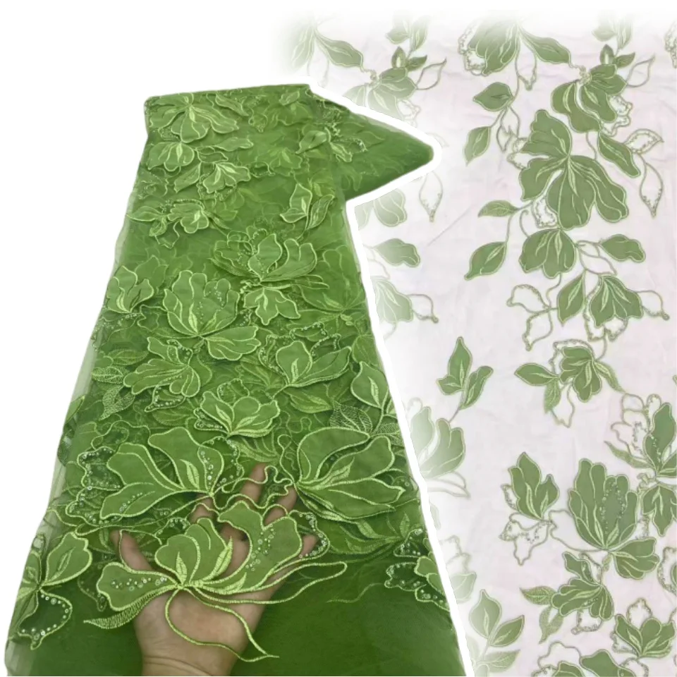 

Green African Lace Fabric 2025 High Quality 5Yards French Tulle Laces Fabric Beaded Nigerian Lace Fabric for Wedding Sewing 1149