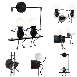 E27 Iron Cartoon Little Man LED Wall Light Creative Art Climbing Swing Wall Lamp Bedroom Wall Sconce for Children Room Home Deco