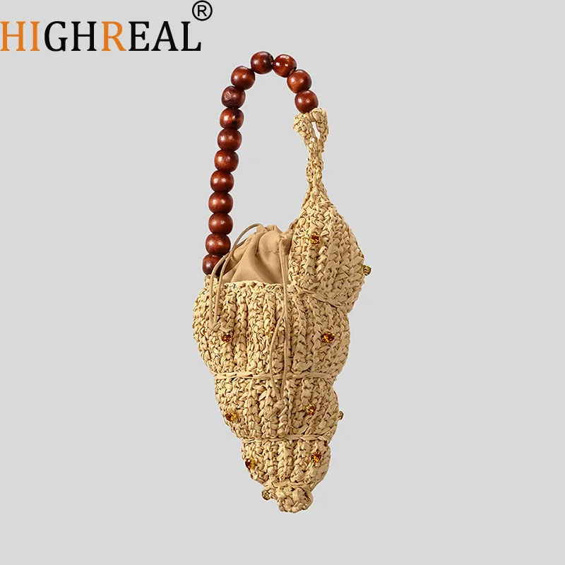 

Creative Diamonds Conch Design Straw Bag Handmade Woven Women Handbags Wooden Beading Strap Shoulder Bags Funny Summer Beach Bag