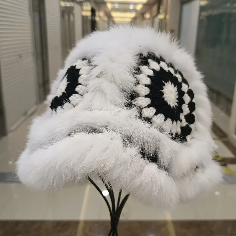 China-Chic Eimerhüte für Damen, Winter, warm, niedlich, Plüschmütze, großer Kopf, lässig, echte Kaninchenfellmütze, 2023, gestrickte Fischermütze – Detail 5