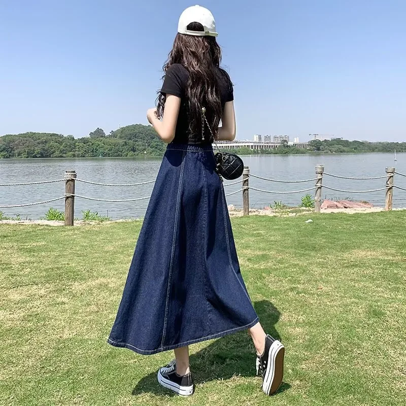 2026 New Spring Summer High Waist Slimming Denim Long Skirt Women, Casual A-line Flowy Midi Long Midi Skirt, Versatile Thin Deni