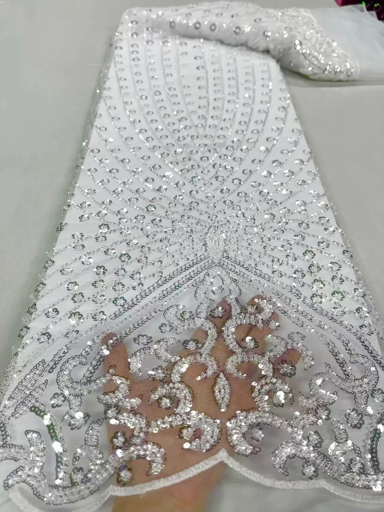 High Quality Sequin Embroidered Fabric 2024 White Bride Wedding Party Dresses Sequin African Mesh Fabric Series 5 Yards