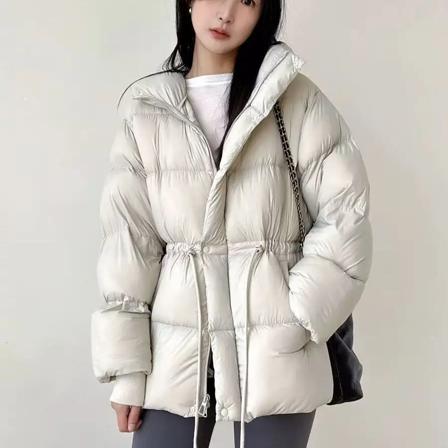 Roupas curtas de algodão feminino inverno novo simples cordão cintura engrossado casaco de algodão quente