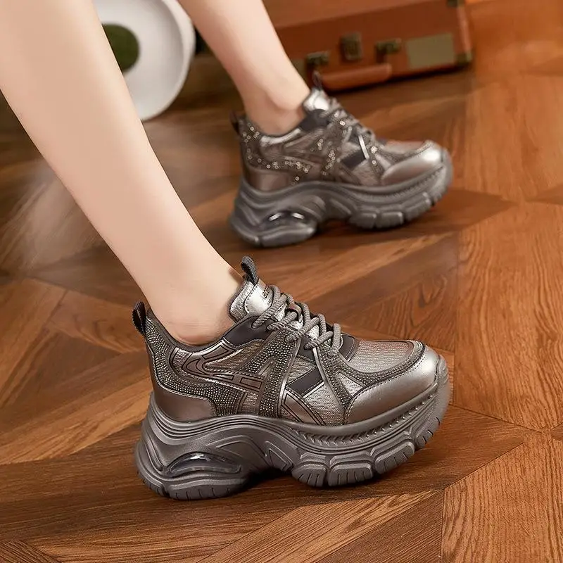 

Women's Sport Shoes Genuine Leather Thick Bottom Dad Shoes Diamond Versatile Heightening Shoes round Toe Rubber Outsole