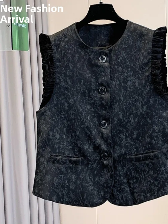 

Loose Fit Velvet Tie Dye Suit Jaet Women's Casual ort Outerwear round Ne Fly Sve Vest Autumn 2025 Slimming Effect