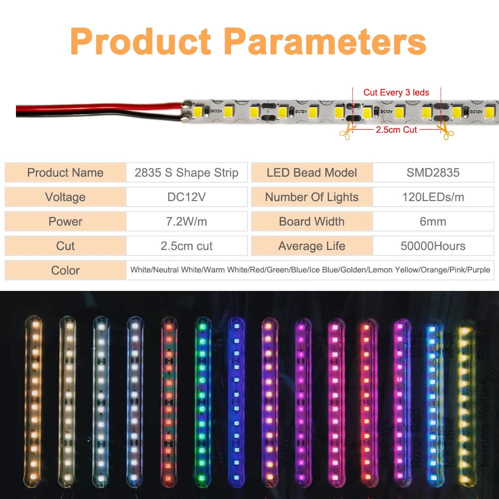 Dc 12V 2835 Smd Led Strip S Vorm 6Mm Breedte Buigbare 120led/M Flexibele Opvouwbare String Licht Diy Neon Teken Letter 12 Kleur 1M-100M