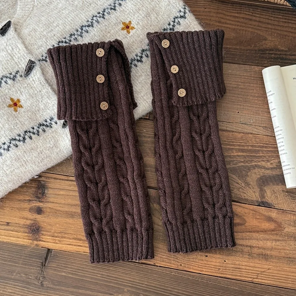 

New Button Leg Warmers Wool Twist Lolita Knitted Socks Crochet Design Maillard Color Long Leggings Winter