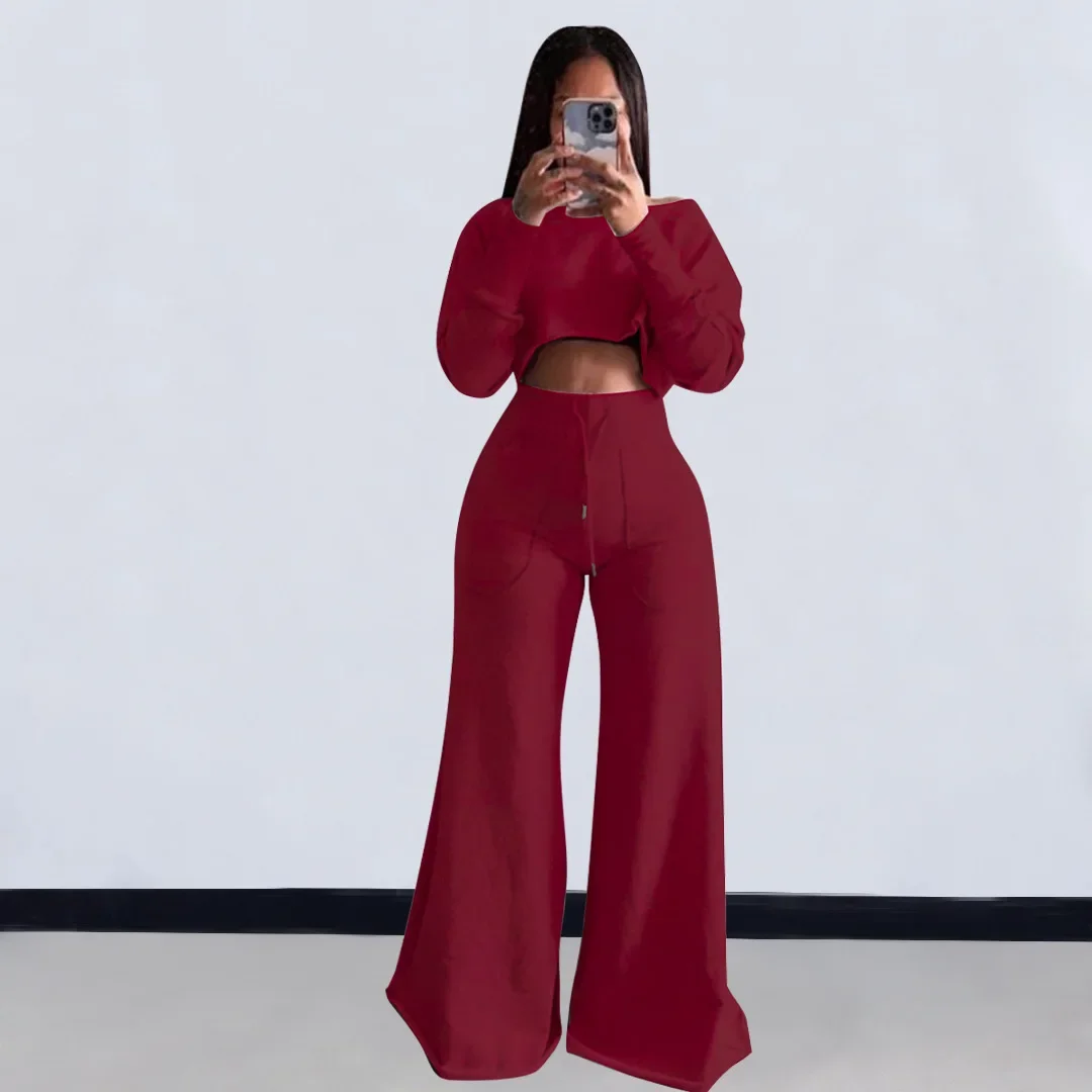 Women Pant Set Two Piece Sets Round Neck Full Sleeve Casual Loose Elegant Splice Tops Wide Leg Long Pants High Elastic Waist