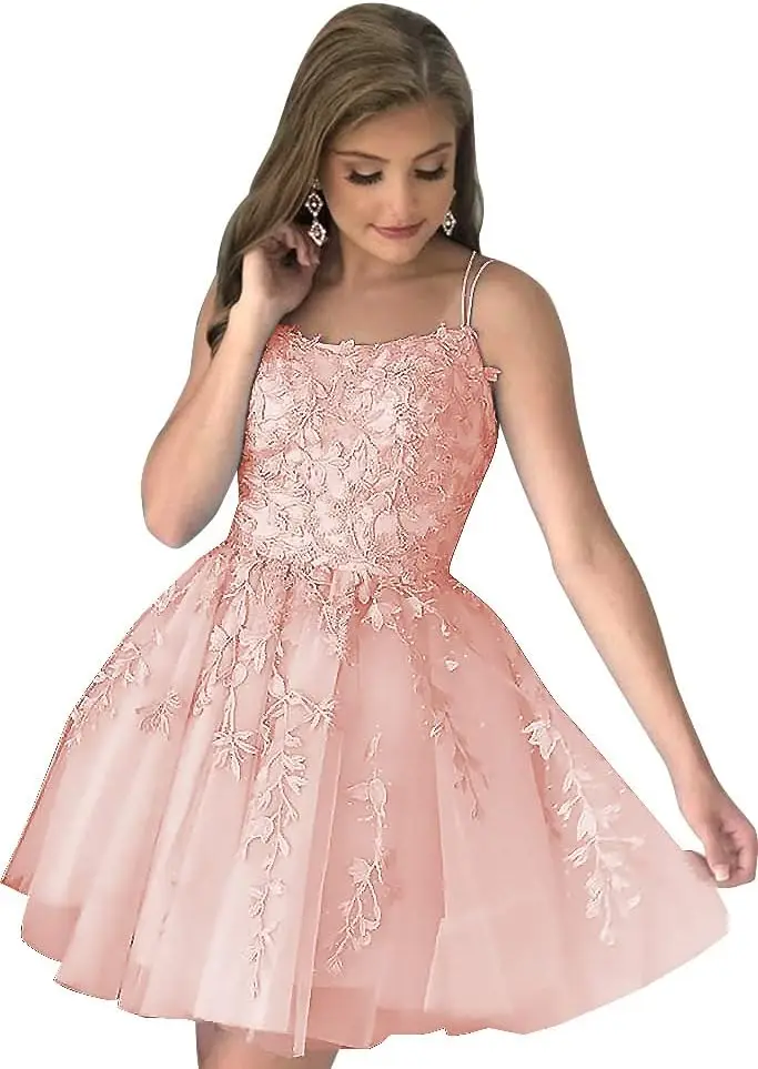 

Women's Homecoming Dresses Short Prom Dress Lace Appliques for Teens Spaghetti Mini Party Gowns Cocktail Dress