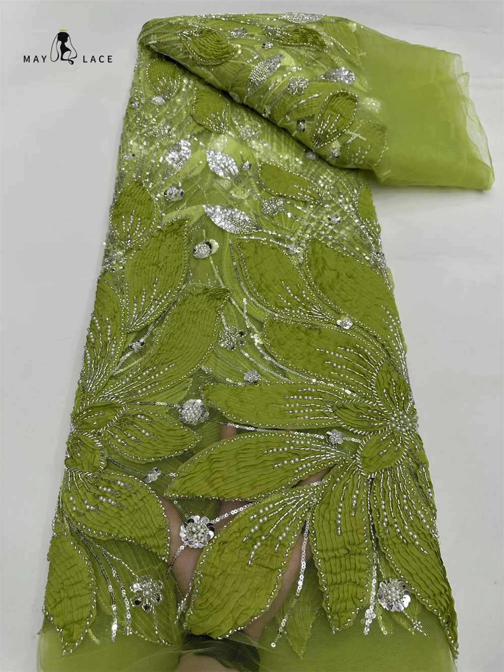 

African Fabric Beaded Lace High Quality 2025 Chantilly Lace Fabric With Sequins Green Fabrics For Wedding Party Dresses Women