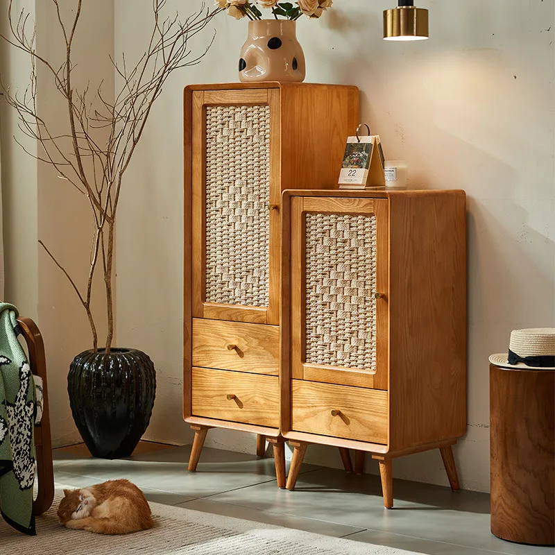 Armadietti alti e bassi da soggiorno in legno massello color noce in rattan nordico Inn B & B Set combinato per piccoli appartamenti in stile giapponese
