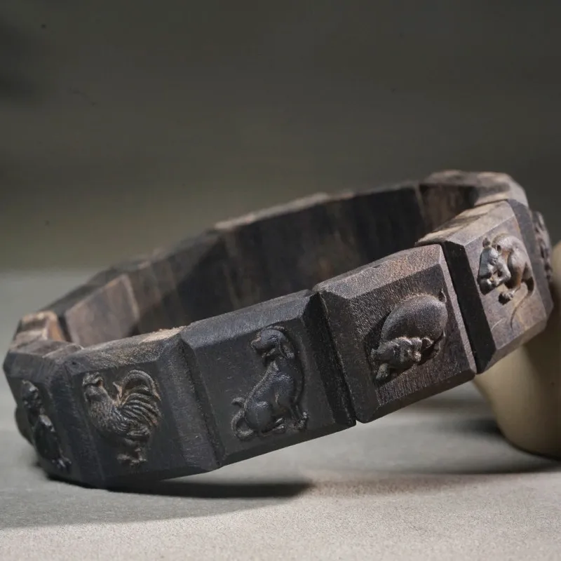 

Резной браслет из агарового дерева с китайскими знаками зодиака, деревянные украшения в этническом стиле, подарки ручной работы