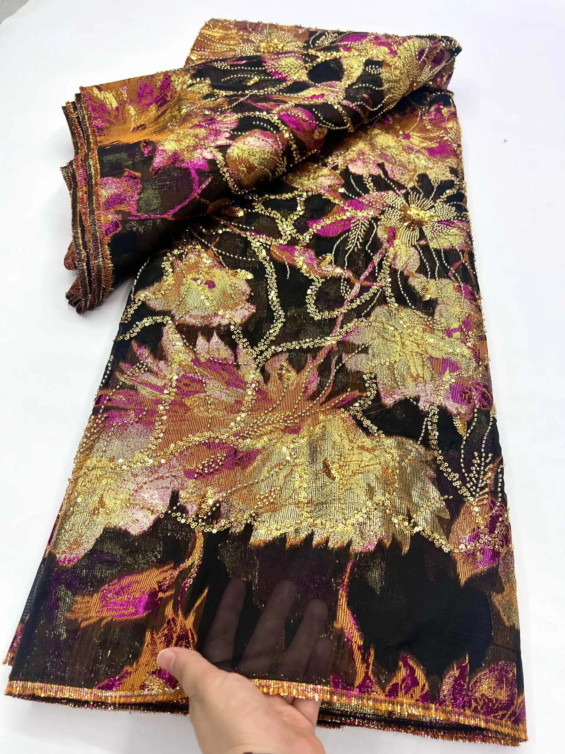 

African Gilding Lace Fabric Brocade 2025 French Organza Jacquard Lace Fabric Satin Beaded Sequins for Sewing Nigerian Wedding