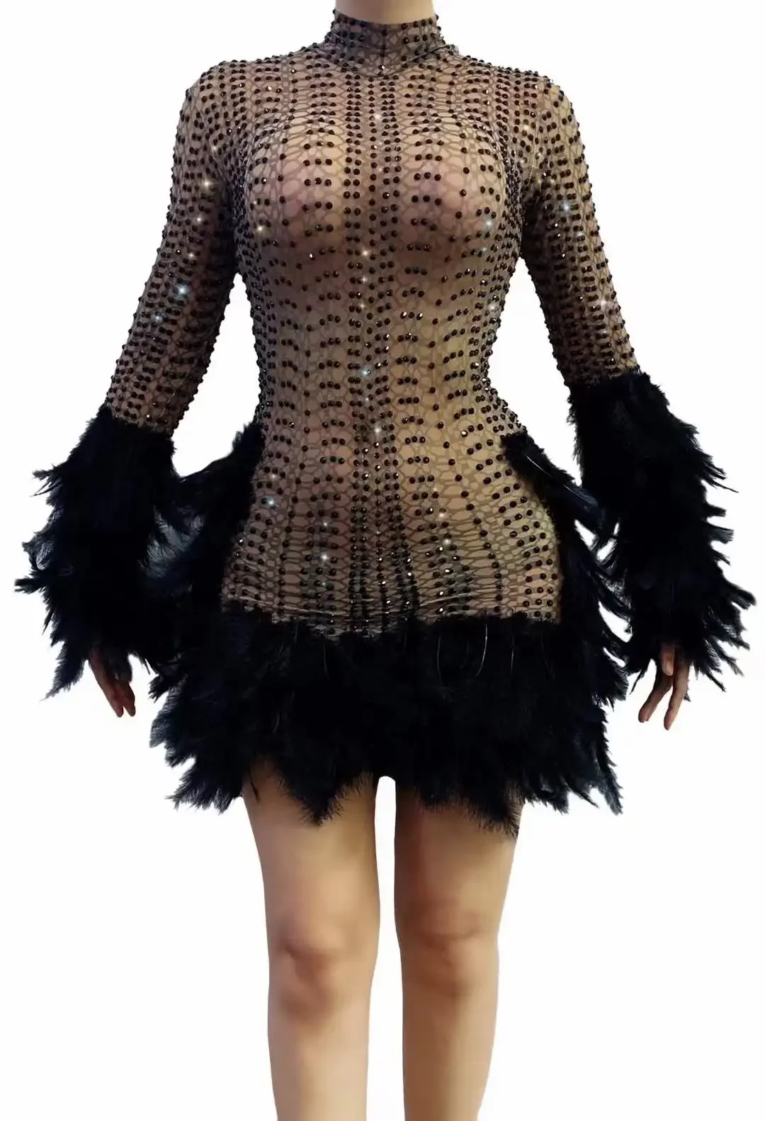 Birthday Dress Feather Black Rhinestone Sparkly Women Short Dresses Singer Dance Costume Dragqueen Outfit Long Sleeve Stage Wear