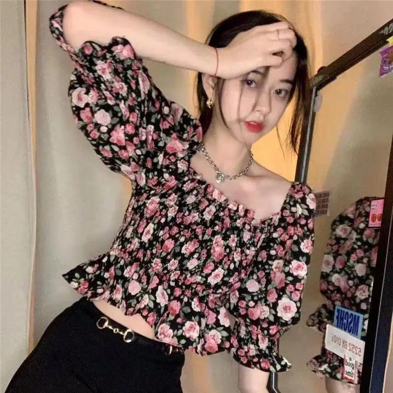 Floral Backless Short Shirt Tops Summer New Short Sleeve Slim Printing Pleated Sweet Blouse Fashion Vintage Women Clothing