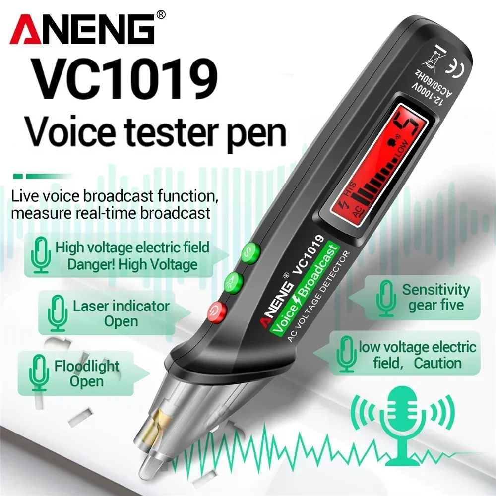 ANENG VC1019 テスターペン 音声放送付き 赤色レーザーポインター 非接触電圧検出 12-1000V AC/DC 電流検出