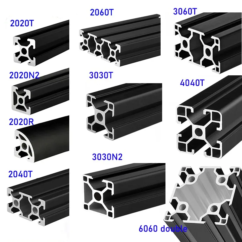 1PCS Black Anodic Oxidation 2020 2040 2060 2020N2 2020R 3030 3030N2 3030R 3060 4040 4080 T-Slot Aluminum Profile EU Standard